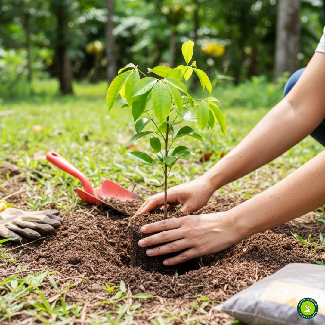 Pessoa realizando o plantio de uma muda de acerola (Malpighia emarginata) em solo preparado no jardim.