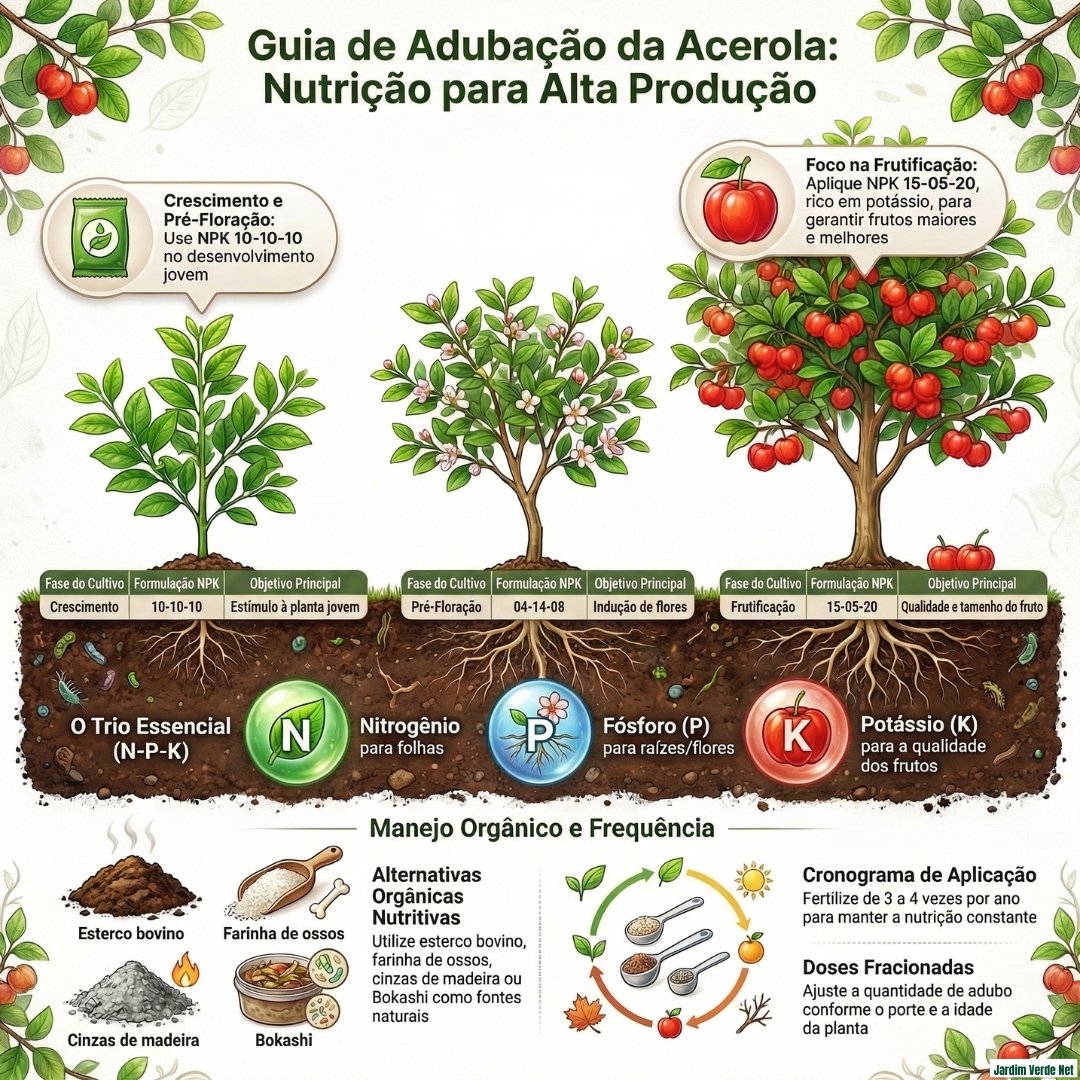 Infográfico explicando a adubação da acerola (Malpighia emarginata) para estimular crescimento, floração e produção de frutos.