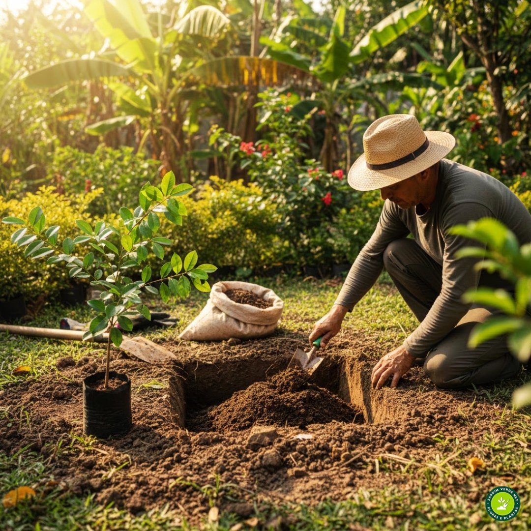 Pessoa preparando a cova com composto orgânico para plantar acerola (Malpighia emarginata) no jardim.