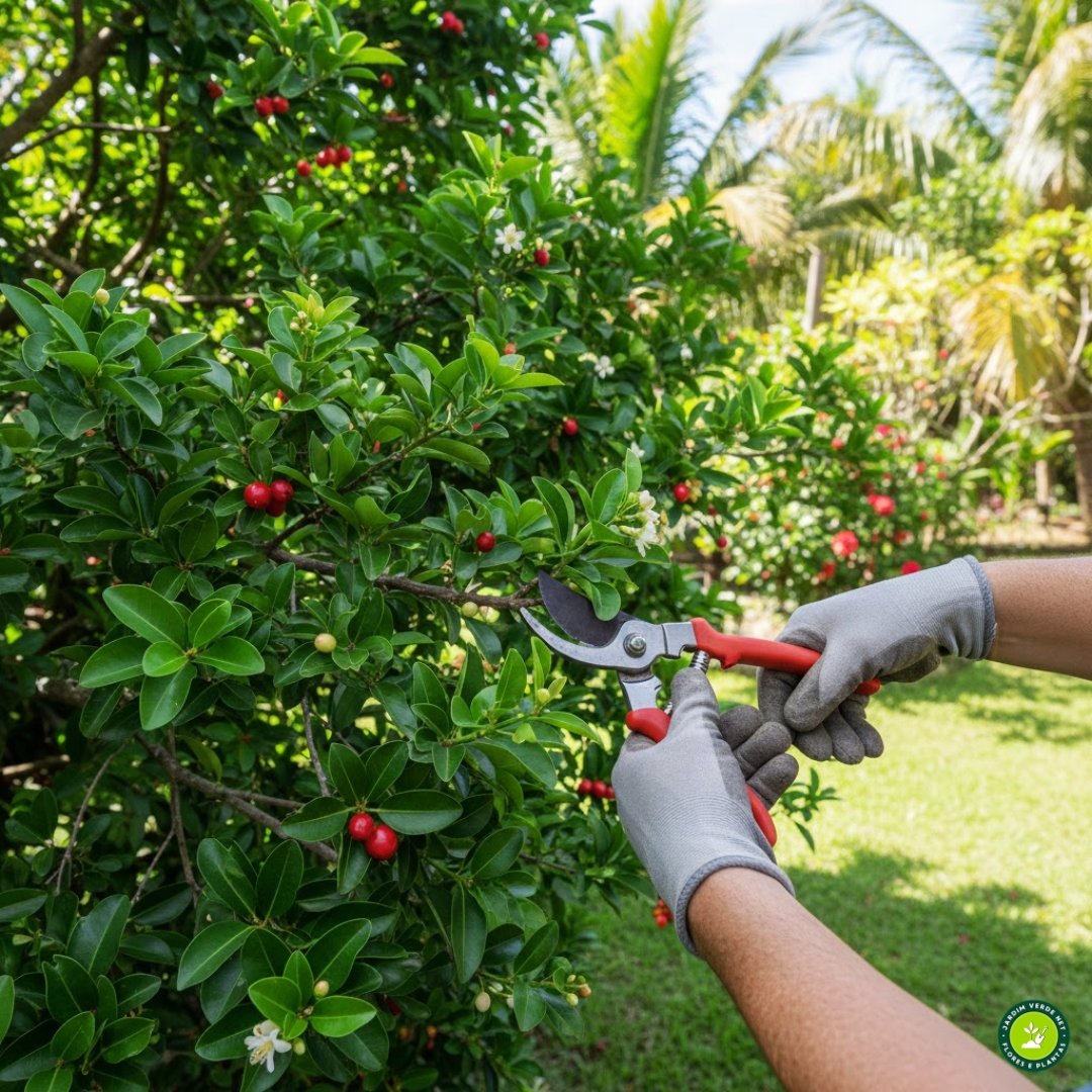 Pessoa realizando poda em acerola (Malpighia emarginata) com tesoura de poda para estimular nova brotação.