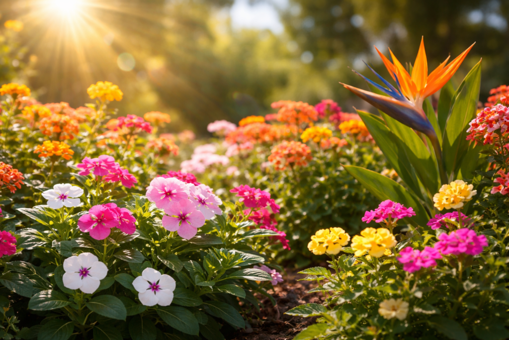 Flores coloridas cultivadas sob sol pleno em jardim com alta incidência de luz e calor