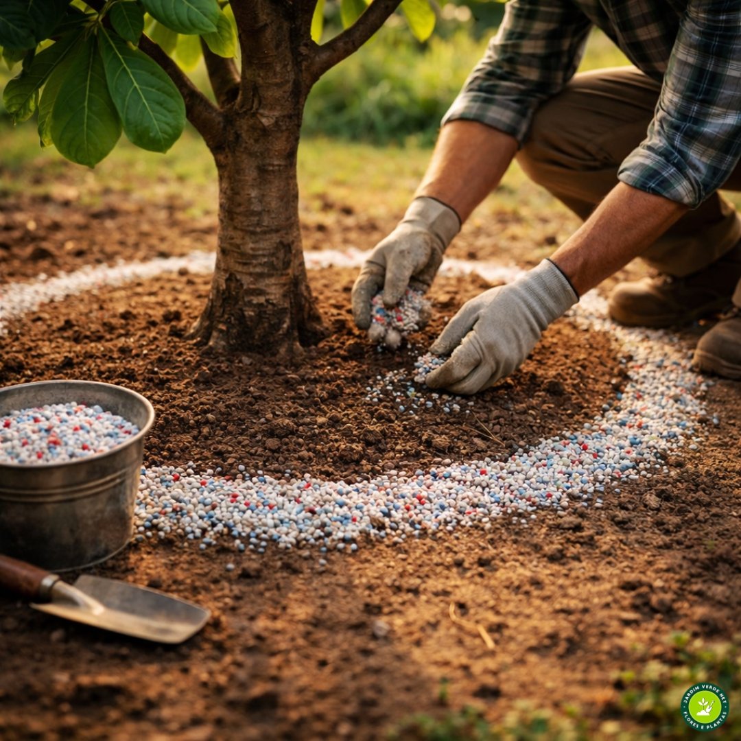 Aplicação de adubo na projeção da copa do cajueiro com agricultor distribuindo fertilizante no solo ao redor da árvore