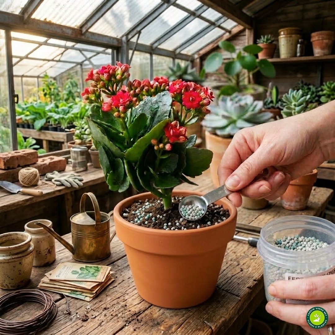 Pessoa aplicando adubo em kalanchoe cultivada em vaso para estimular a floração