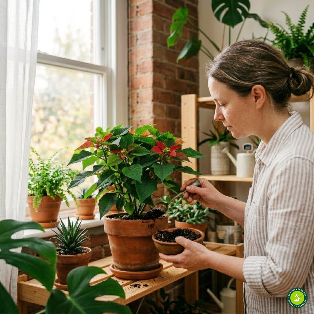 Pessoa aplicando adubo orgânico em vaso de poinsétia ou bico-de-papagaio (Euphorbia pulcherrima) para estimular o desenvolvimento da planta.