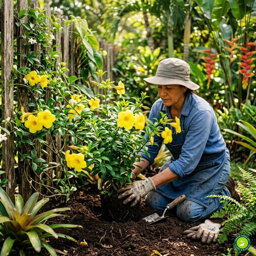 Jardineiro cultivando alamanda-amarela (Allamanda cathartica) em jardim com sol pleno.
