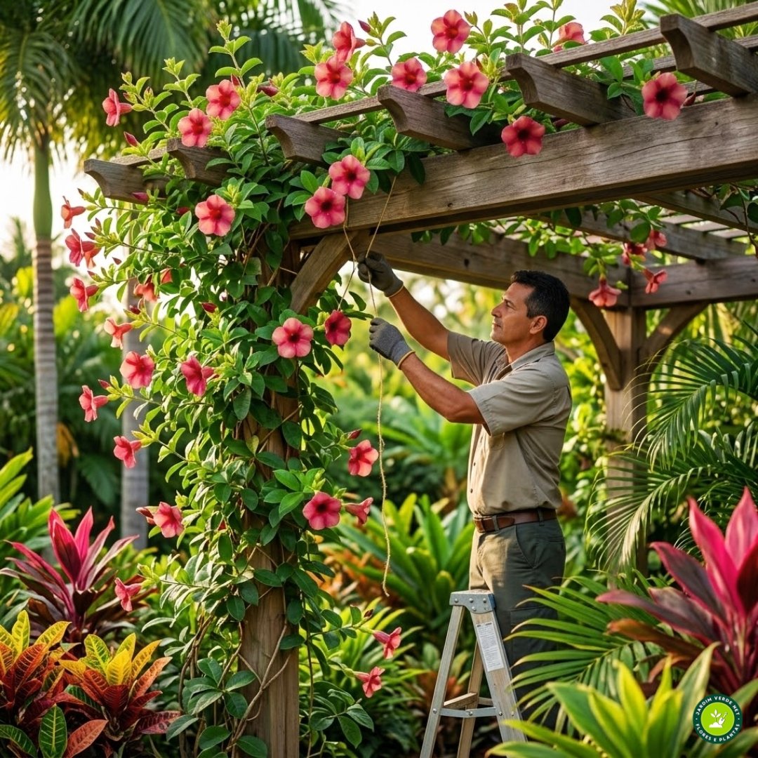 Jardineiro conduzindo alamanda-vermelha (Allamanda blanchetii) cobrindo pergolado em jardim tropical.