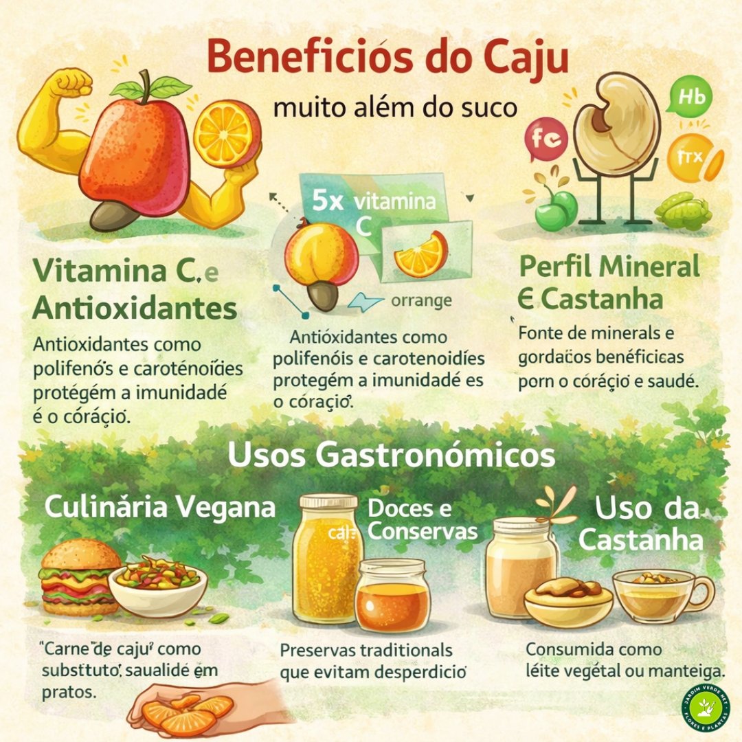 infografico ilustrado mostrando beneficios nutricionais do caju vitamina c minerais e usos culinarios