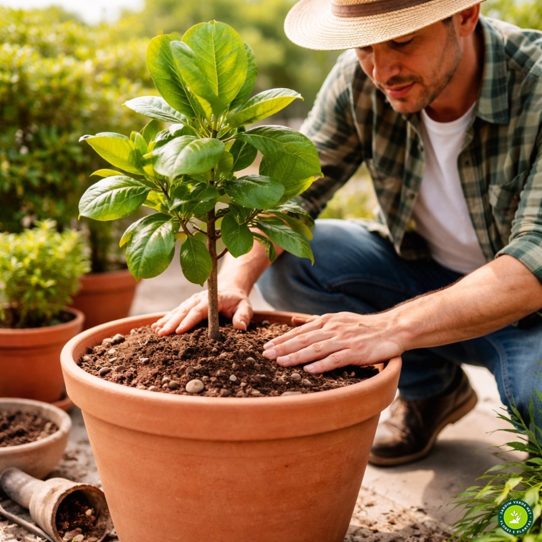 pessoa plantando cajueiro anão em vaso grande com substrato drenado cultivo em varanda