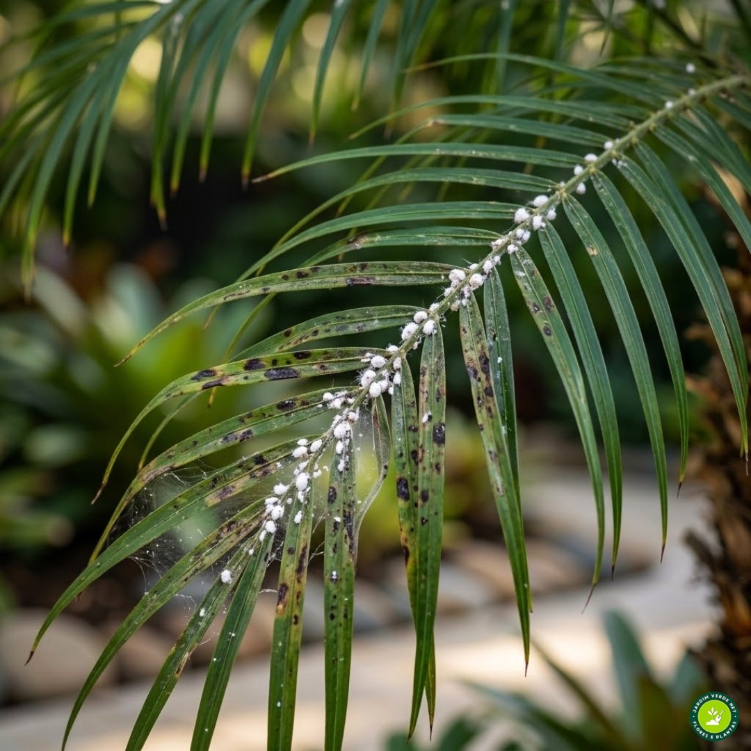 Close-up técnico de uma folha de palmeira-fênix infestada por cochonilhas de carapaça marrom e pontos brancos algodonosos, mostrando os folíolos distorcidos e a presença de teias finas na base.