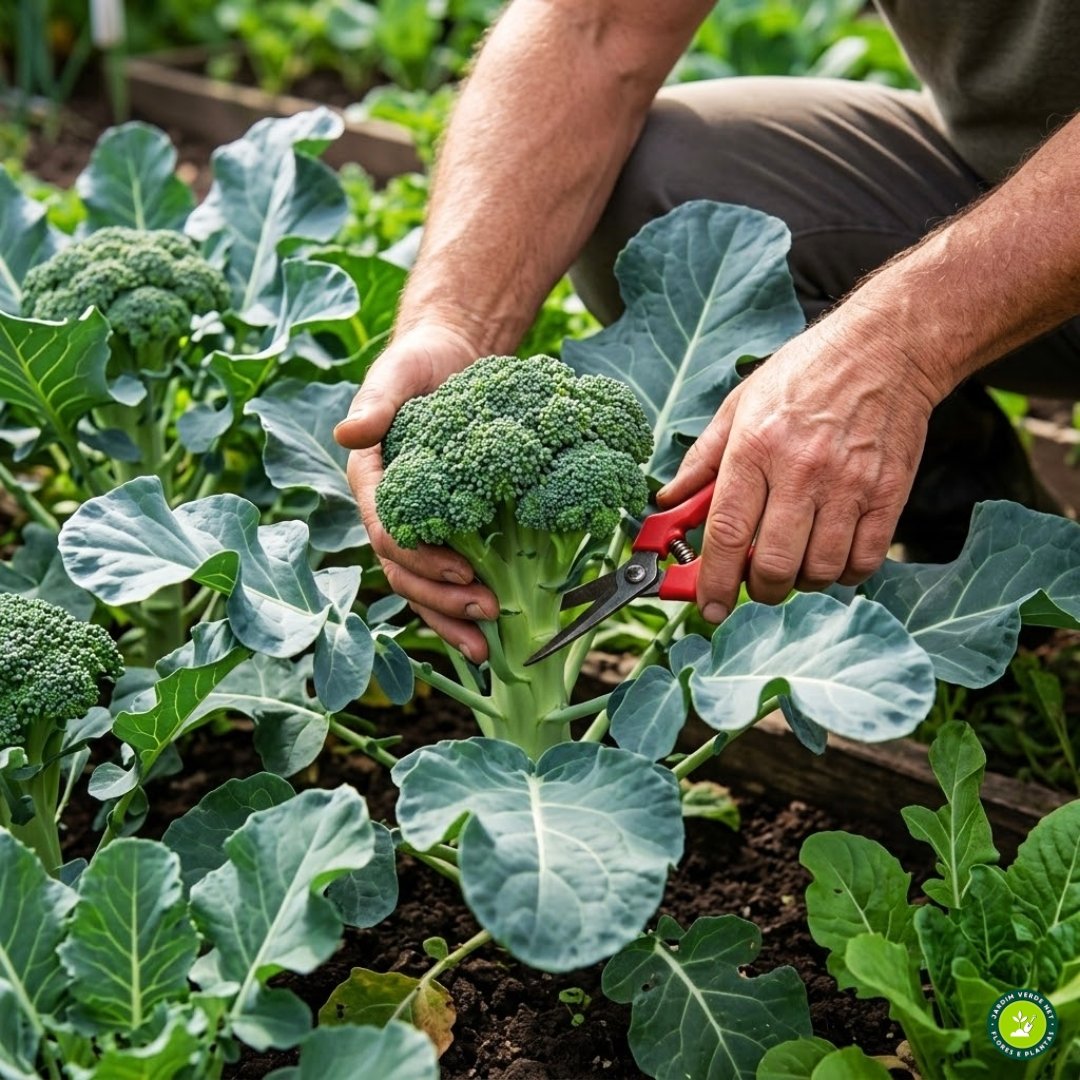 Pessoa colhendo brócolis maduro na horta doméstica com tesoura de poda Brassica oleracea var italica