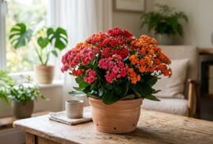 kalanchoe florindo com flores saudáveis em vaso após cuidados corretos de cultivo