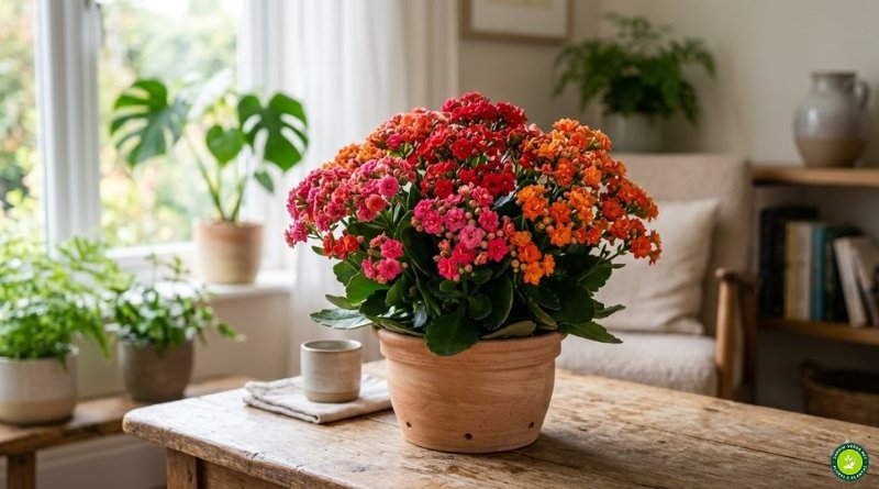 kalanchoe florindo com flores saudáveis em vaso após cuidados corretos de cultivo