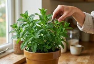 Fotografia profissional de uma planta de hortelã verde e viçosa em um vaso de cerâmica limpo, sendo podada com uma tesoura pequena em uma cozinha iluminada pela luz da janela.