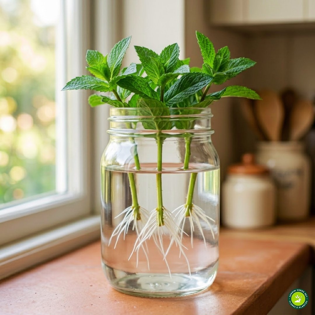 Fotografia macro ultra-realista em formato quadrado (1:1), baseada no ambiente de image_4.png. Três ramos de hortelã (da planta de image_4.png) estão submersos em um copo de vidro transparente e limpo, preenchido com água cristalina na janela da cozinha. No fundo do copo, um cluster de raízes brancas, finas e saudáveis está visivelmente desenvolvido, atingindo cerca de 3-4 cm. O fundo (janela, vaso, jardim) está suavemente desfocado, mantendo a continuidade ambiental de image_4.png e image_6.png. A luz natural suave da janela ilumina o local exato das raízes.
