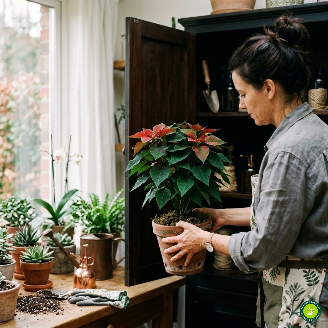 Pessoa colocando vaso de poinsétia ou bico-de-papagaio (Euphorbia pulcherrima) em ambiente escuro para estimular a coloração vermelha das folhas.