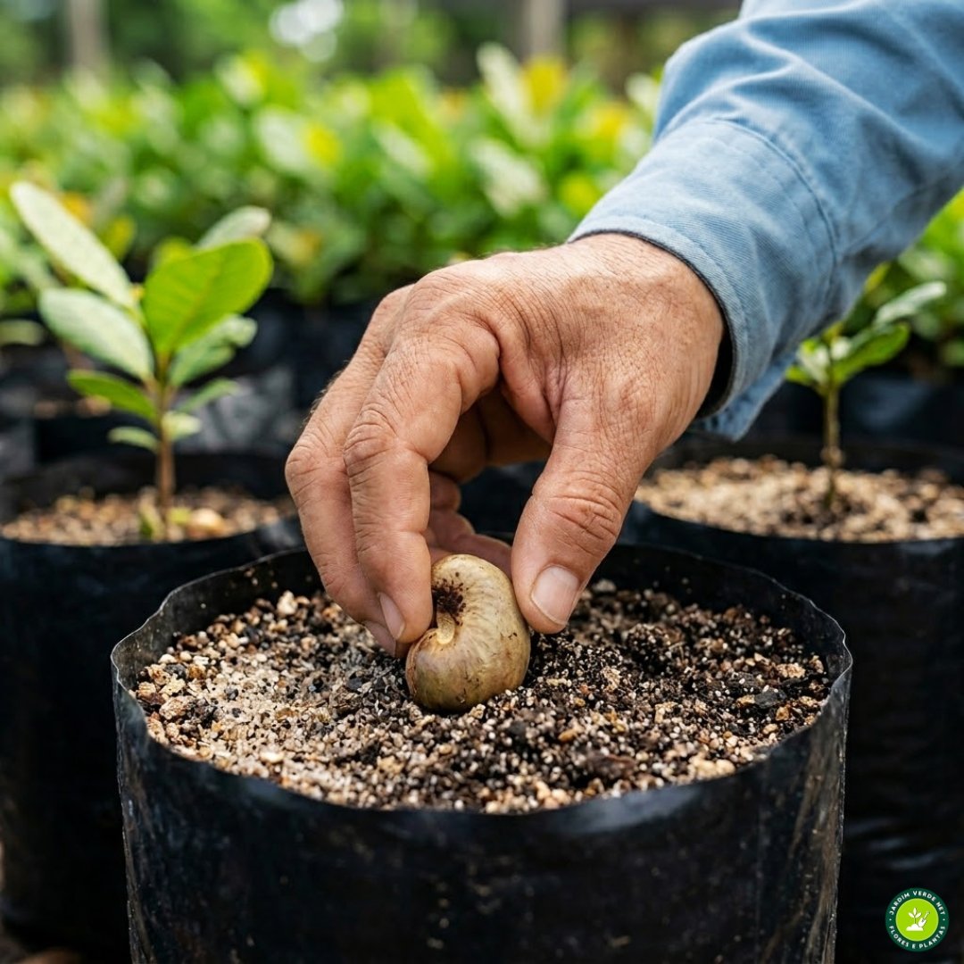 Mão de agricultor inserindo uma castanha de caju fresca e saudável de lado no substrato arenoso de um vaso preto para germinação, ilustrando como germinar castanha de caju.