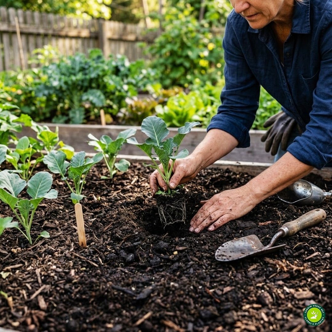 Pessoa transplantando muda de brócolis na horta doméstica durante o cultivo de Brassica oleracea var. italica