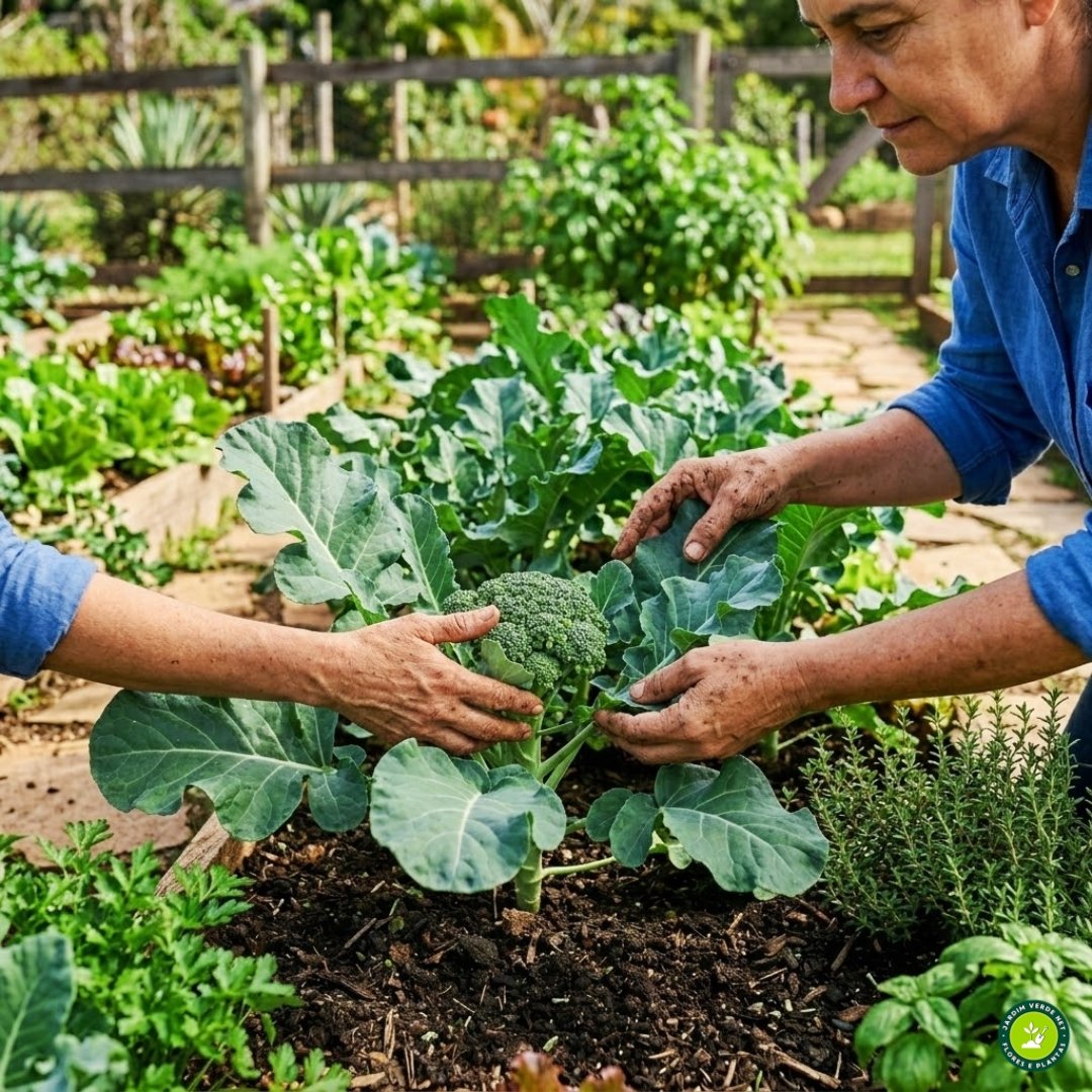 Pessoa observando planta saudável de brócolis na horta em condições ideais de cultivo Brassica oleracea var italica