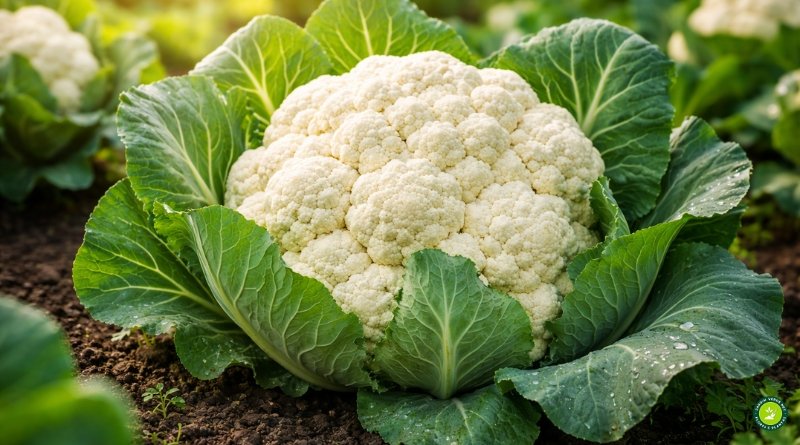 couve-flor com cabeça grande e compacta crescendo em horta sob luz natural
