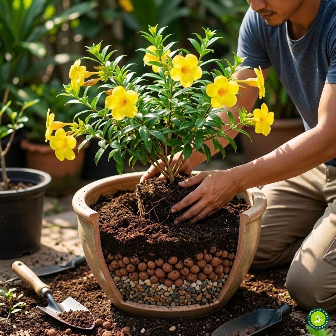 Jardineiro plantando alamanda-amarela (Allamanda cathartica) em vaso grande com substrato fértil e drenagem.