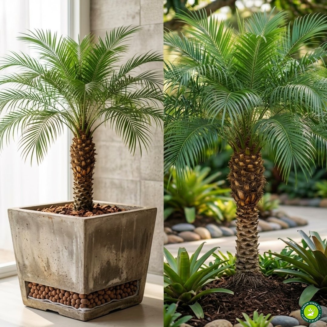 Fotografia quadrada dividida ao meio. À esquerda, uma palmeira-fênix em um vaso de cimento rústico, mostrando o substrato poroso e a camada de brita para drenagem. À direita, uma palmeira-fênix saudável plantada diretamente no solo do jardim, cercada por bromélias e luz solar difusa, consistente com a imagem de capa.