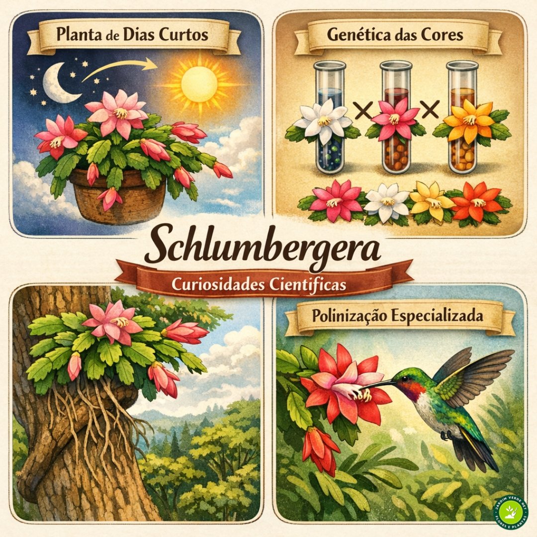 Infográfico ilustrado mostrando fotoperiodismo, epifitismo, variação de cores e polinização da flor de maio