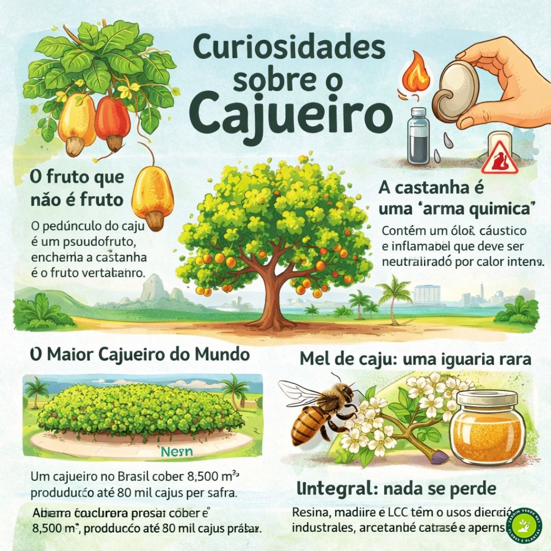 infografico ilustrado mostrando curiosidades do cajueiro pseudofruto castanha maior cajueiro e usos