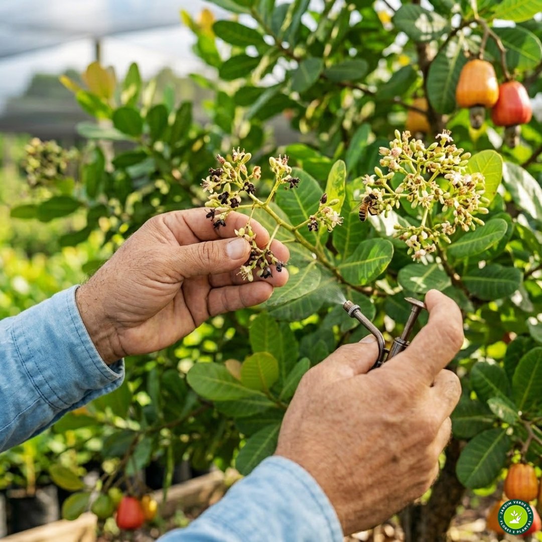 Mão limpa e cuidadosa de um cultivador (estilo Jardim Verde Net) inspecionando de perto uma inflorescência de cajueiro em um dia ensolarado, observando a presença de abelhas e a ausência de queda de flores, ilustrando o diagnóstico de causas para não frutificação.