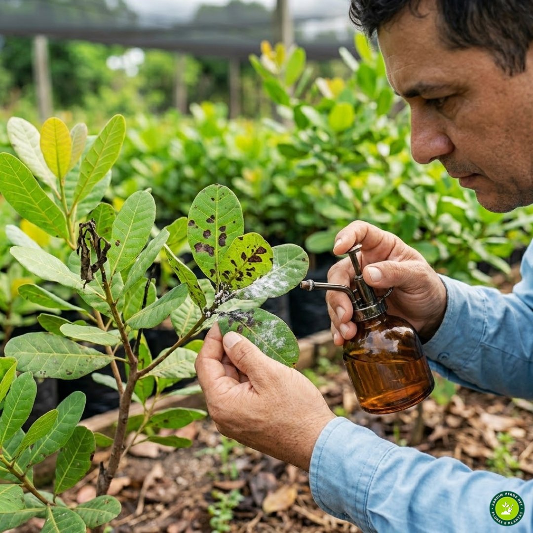 Mão limpa de um cultivador segurando um pequeno borrifador de spray e aplicando uma solução natural sobre uma folha de cajueiro jovem com sinais visíveis de Antracnose e Cochonilha, ilustrando o controle prático de pragas e doenças no cajueiro.