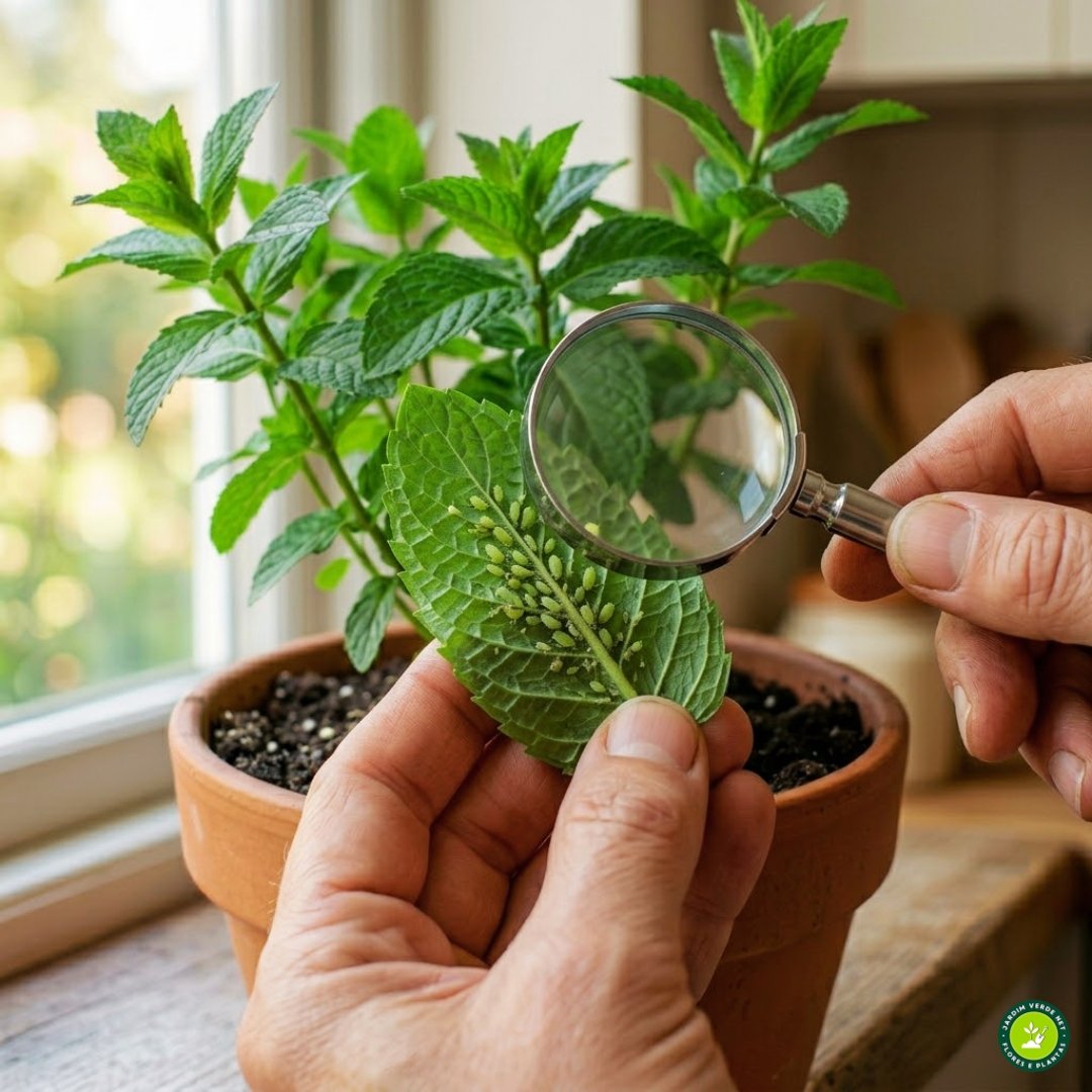 Fotografia macro ultra-realista e fanned (ampliada na base) de uma mão natural segurando uma folha de hortelã, com a face inferior virada para cima, revelando um cluster de pulgões (Aphis spp.) e cast skins, conforme image_4.png. Outra mão segura uma pequena lupa de metal sobre o cluster de pragas, magnificando-os para inspeção diagnóstica na janela da cozinha de image_4.png.