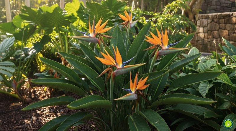 Estrelícia (Strelitzia reginae) florida em jardim tropical, exemplo de cultivo correto com boa luminosidade