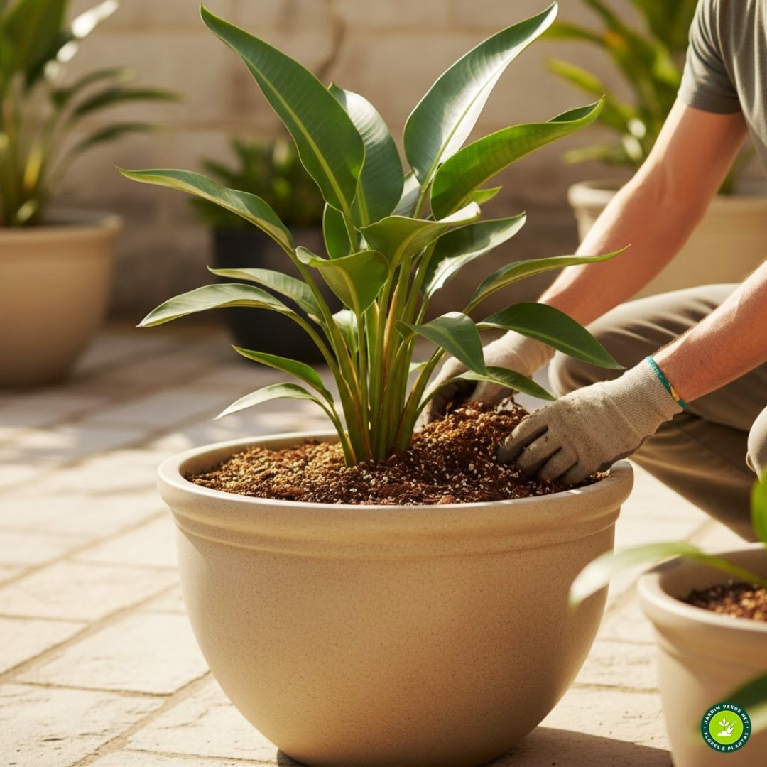 Pessoa plantando estrelícia em vaso grande adequado para o crescimento da planta.