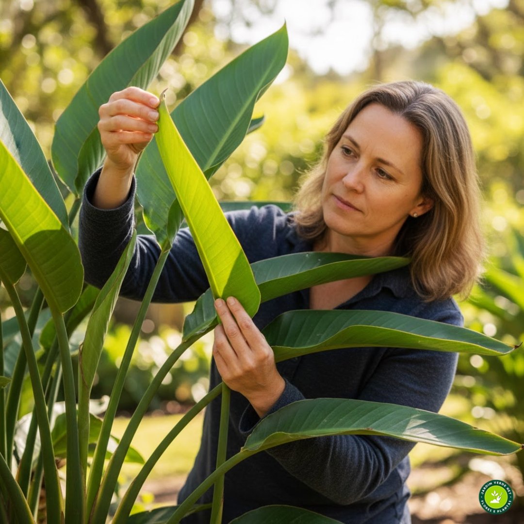 Pessoa verificando folhas de estrelícia em busca de pragas no jardim.