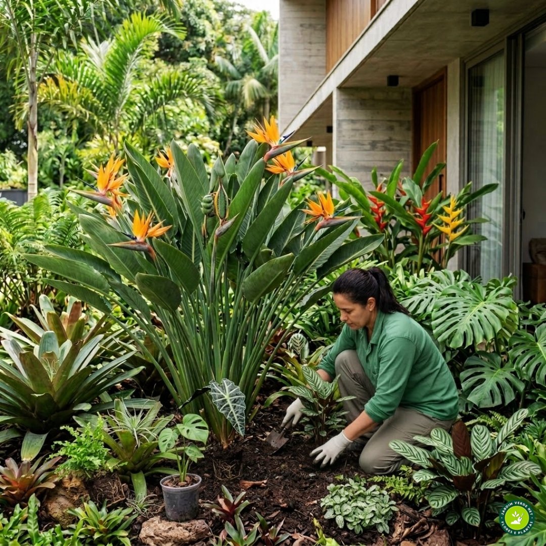 Paisagista cuidando de estrelícia em jardim tropical residencial.