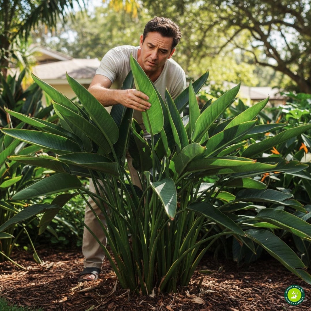 Pessoa observando estrelícia saudável sem flores no jardim.