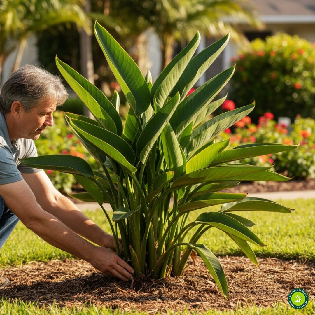 Pessoa posicionando estrelícia em local com sol pleno no jardim.