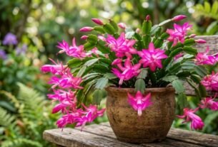 Fotografia profissional em close de uma planta flor-de-maio com flores magenta vibrantes em um vaso de cerâmica rústico sobre banco de madeira, fundo de jardim desfocado.