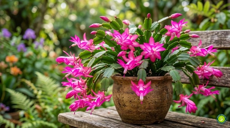 Fotografia profissional em close de uma planta flor-de-maio com flores magenta vibrantes em um vaso de cerâmica rústico sobre banco de madeira, fundo de jardim desfocado.