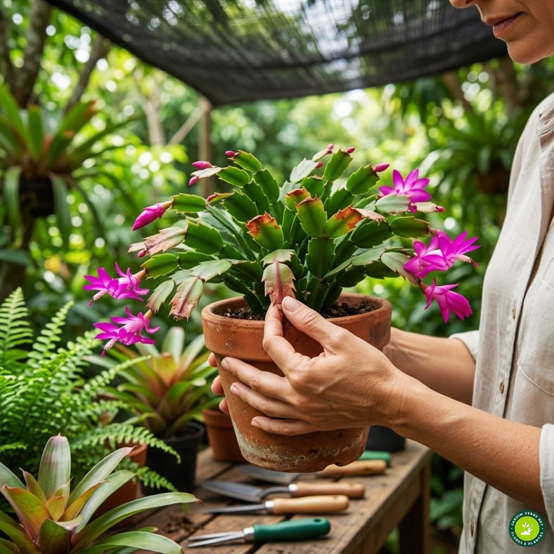 Close profissional em close de uma pessoa examinando danos causados pelo sol em uma flor-de-maio; a planta mostra cladódios queimados e avermelhados sob luz filtrada, com uma tela de sombreamento visível ao fundo.