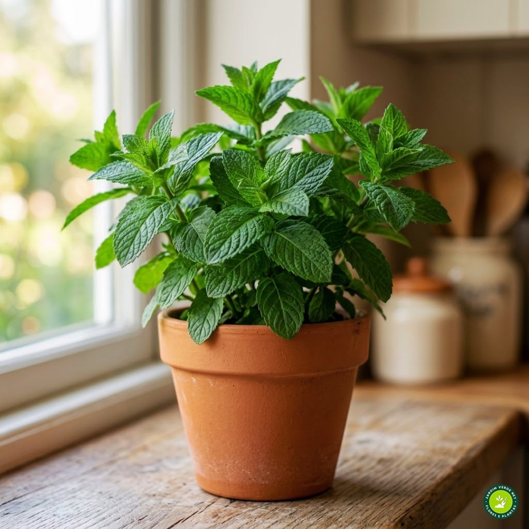 Fotografia macro ultra-realista de uma planta de hortelã comum (Mentha spicata) densa e vigorosa em um vaso de terracota limpo, cultivada sob luz natural suave em uma varanda doméstica.