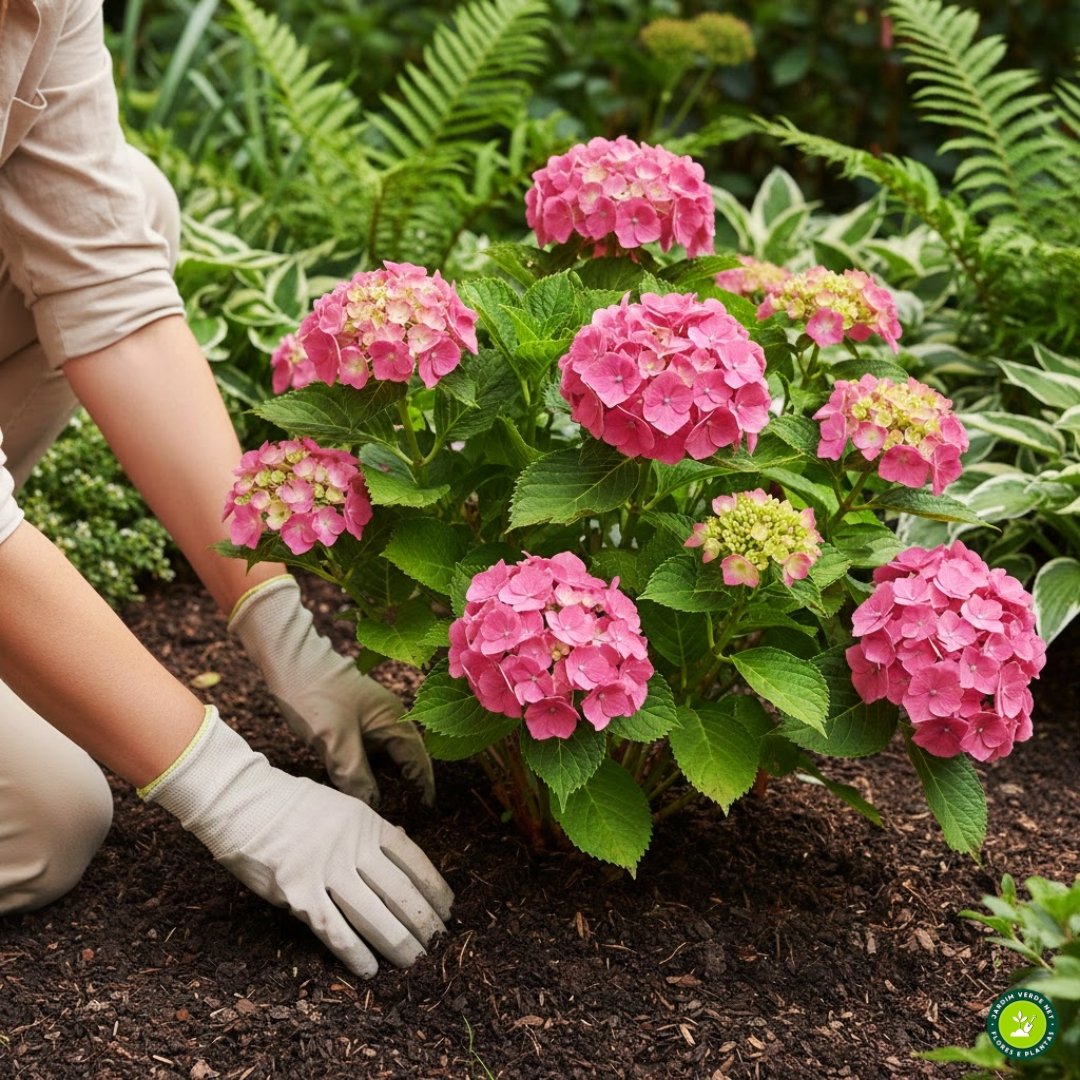 Pessoa cuidando de hortênsia rosa (Hydrangea macrophylla) em jardim com solo fértil e luz suave