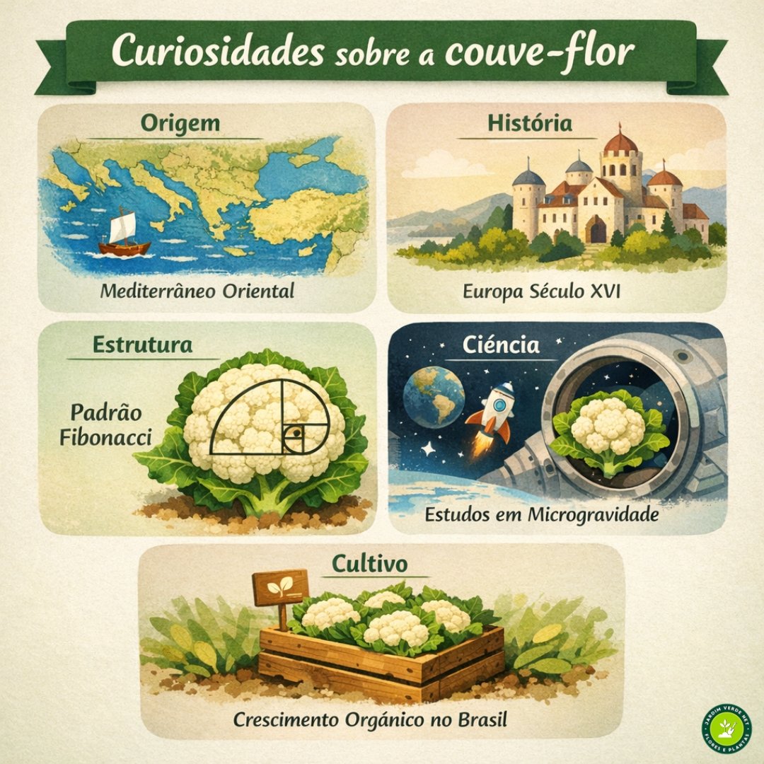 infografico visual sobre curiosidades da couve-flor com origem historia estrutura fibonacci e cultivo organico