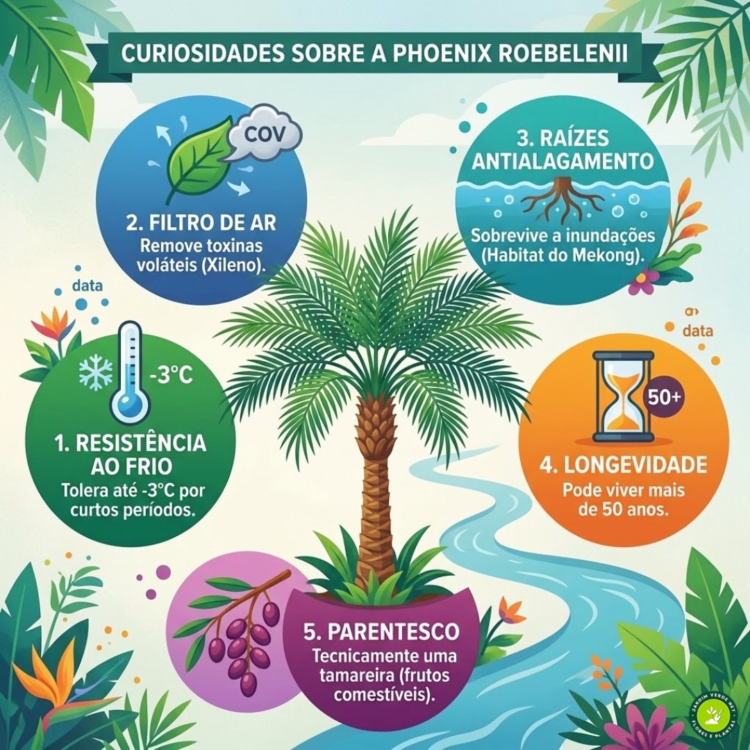 Infográfico ilustrado sobre curiosidades da palmeira-fênix, destacando resistência ao frio de -3°C, purificação de ar, longevidade de 50 anos, raízes adaptadas a inundações e parentesco com as tamareiras.
