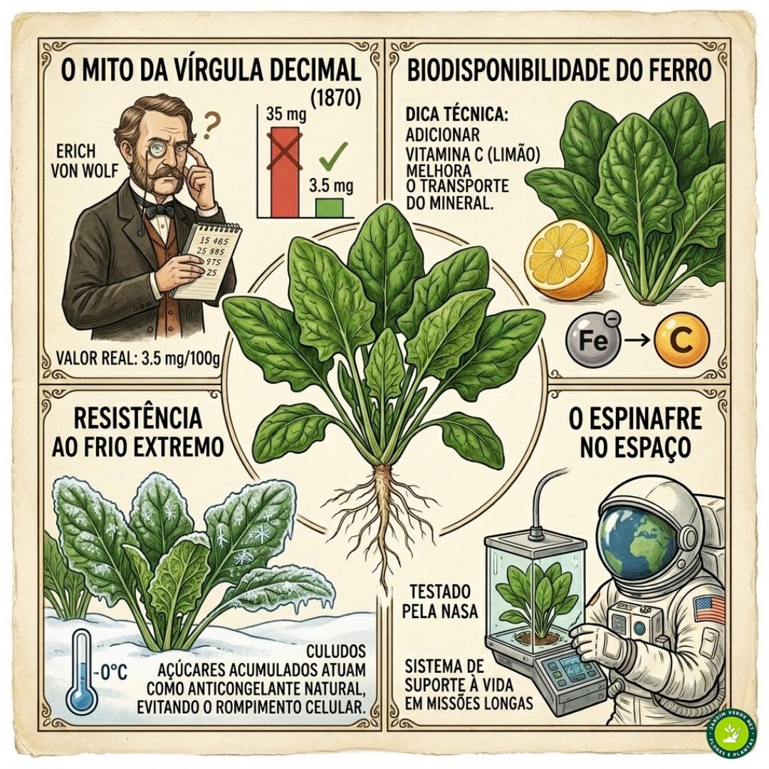 Infográfico quadrado (1:1) ilustrado em estilo botânico vintage sobre curiosidades do espinafre, mostrando o erro da vírgula decimal no teor de ferro (Erich von Wolf), o aumento da absorção de ferro com Vitamina C (limão), a resistência das folhas sob a neve e os testes da NASA no espaço.