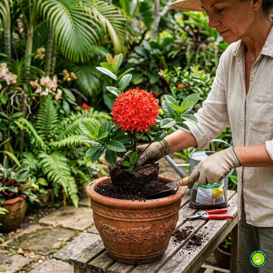 Pessoa plantando uma muda de ixora (Ixora coccinea) em vaso com substrato adequado.