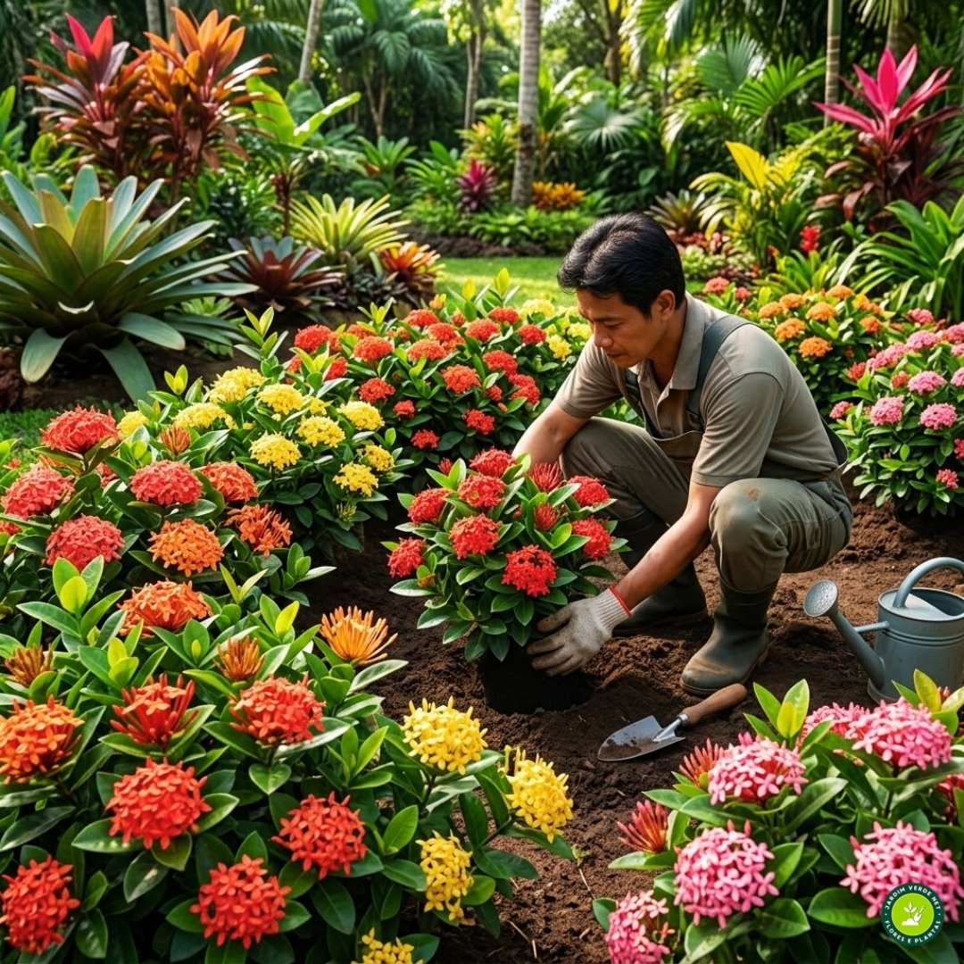 Pessoa organizando ixoras de diferentes cores em um canteiro ornamental de jardim.