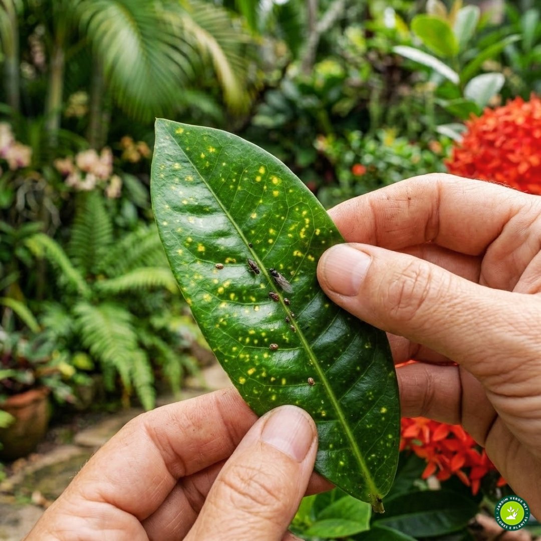 Folha de ixora (Ixora coccinea) com manchas e sinais de pragas sendo observada durante inspeção no jardim.