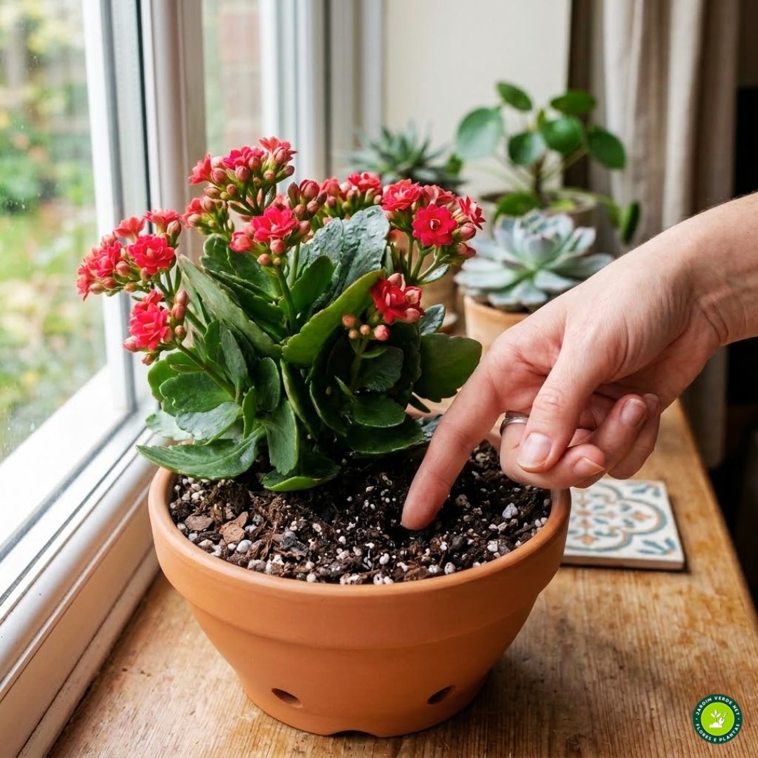 Pessoa verificando a umidade do solo da kalanchoe com o dedo para saber quando regar