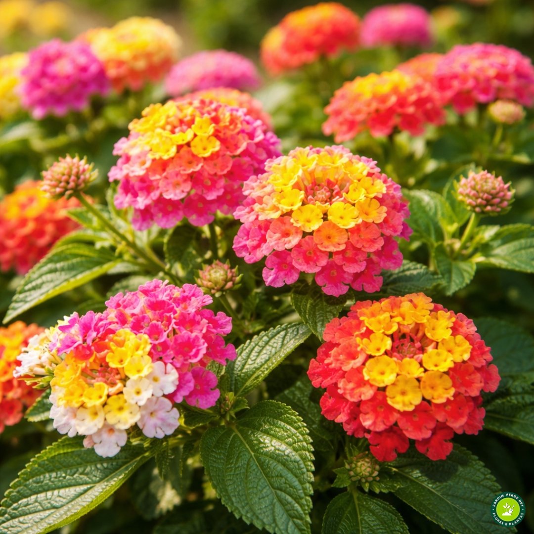 Flores de lantana multicoloridas em jardim sob sol pleno e calor intenso