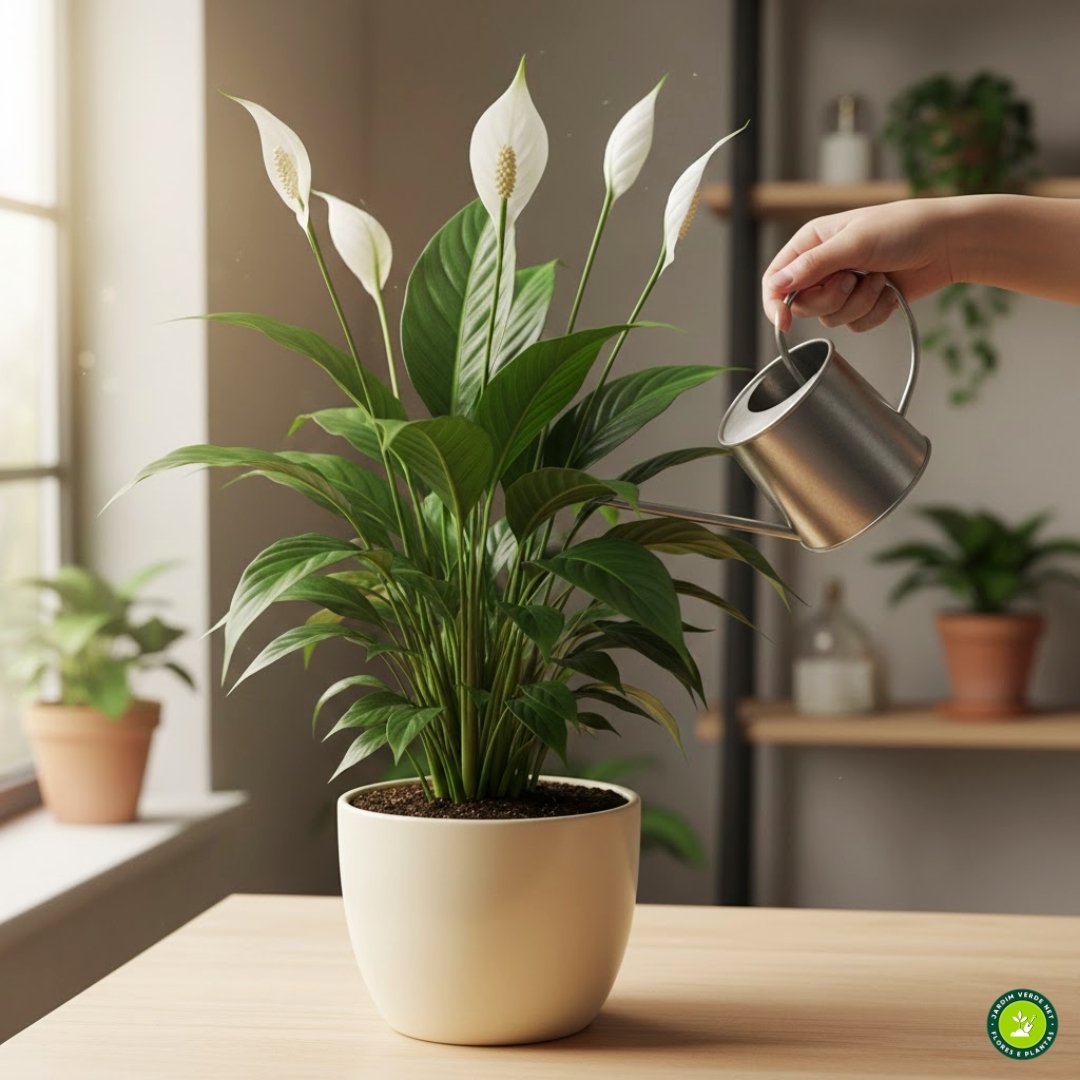 Pessoa regando lírio-da-paz (Spathiphyllum wallisii) em vaso dentro de casa.
